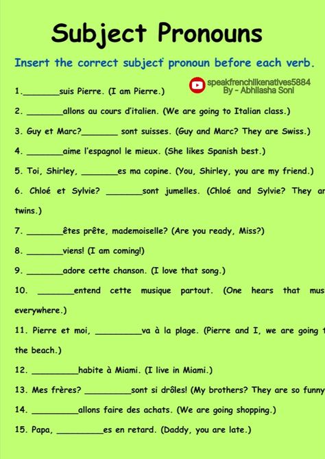 Subject Pronouns Worksheet, Pronouns In French, Pronouns Worksheet, French Vocab, Subject Pronouns, French Flashcards, French Worksheets, Personal Pronouns, You Are My Friend