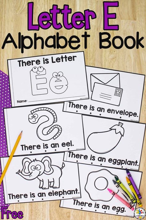 It’s so exciting to learn all about the letter E! Your pre-readers and beginning readers will be engaged and entertained as they look for the letter E and words that begin with E in this Letter E Book! Not only will your pre-readers practice learning the ABC's but they will also work on concepts of print, sight words, and more! Click on the picture to get this free printable letter book and look for the other alphabet books for every letter! #letterbook #alphabetbook #preschool #learningtheabc's Letter E Books For Preschool, E Words Preschool, Letter E Free Printables, Letter Booklets Free Printable, Letter A Books For Preschool, E Art For Preschool, Letter E Crafts For Kindergarten, Letter Books Preschool Free Printable, Preschool Letter E Activities