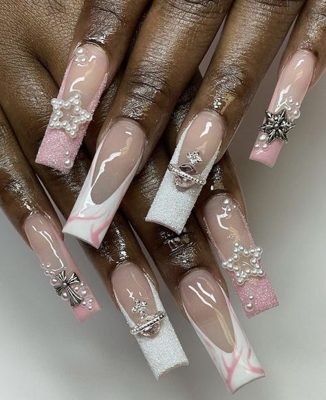 Baddie Nails White, Medium Square Nails Designs, Feed In Braids With Designs, Braids With Designs, Square Nails Designs, Medium Square Nails, Medium Acrylic Nails, Acrylic Nails Designs, Feed In Braids