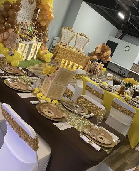 Gender Reveal Ideas Browns, Baby Shower Menu Ideas Black People, Brown Gender Reveal Ideas, Yellow And Brown Gender Reveal, Shades Of Brown Baby Shower Decor, Honey Themed Gender Reveal, Barely Wait, Shower Pictures, Luxury Baby Shower