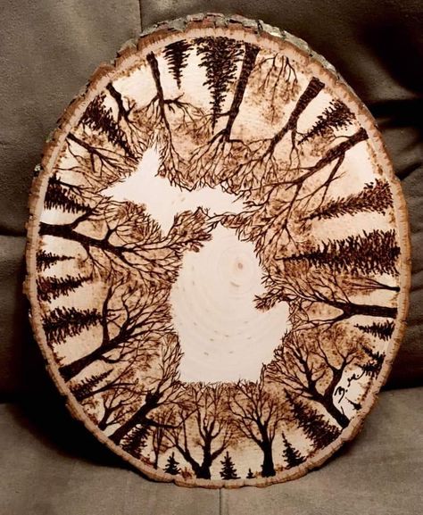 Wood Burning Pine Tree Patterns, Pyrography Tree Patterns, Forest Wood Burning, Wood Burning Landscape, Wood Burning Mountain Scene, Wood Slabs Ideas Tree Slices, Wood Burning Trees, Pyrography Ideas For Beginners, Nature Wood Burning