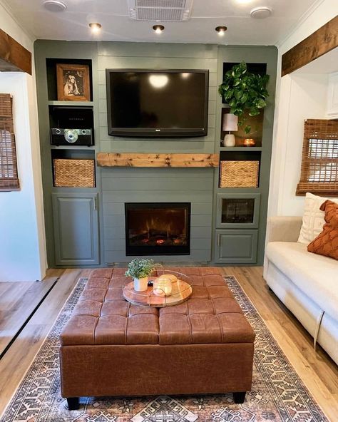 Rv Fireplace, Office At Night, Rv Interior Design, School Table, Rv Redo, Rv Interior Remodel, Camper Interior Design, Tent Living, Camper Trailer Remodel