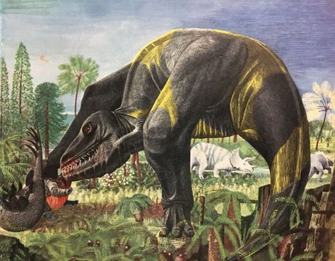 A very strangely illustrated Tyrannosaurus from 'The Wonderful World' by James Fisher, 1954 Iguanodon Drawing, Vintage Paleoart, Vintage Dinosaur, Spooky Memes, Speculative Evolution, Prehistoric Wildlife, Dinosaur Drawing, Dinosaur Illustration, Prehistoric World