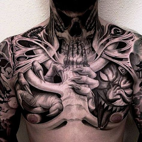 255+ Best Chest Tattoos You Can Opt For: #110 Will Blow Your Mind - Wild Tattoo Art Best Chest Tattoos For Men, Guide Tattoo, Biomech Tattoo, Chest Tattoos For Men, Hals Tattoo Mann, Tato 3d, Courage Tattoos, Best Chest Tattoos, Full Chest Tattoos