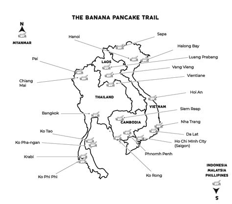 Asia Backpacking Route, Southeast Asia Backpacking, South East Asia Backpacking, Backpacking Routes, Banana Pancake, Backpacking South America, Asia Map, Backpacking Asia, Trail Map