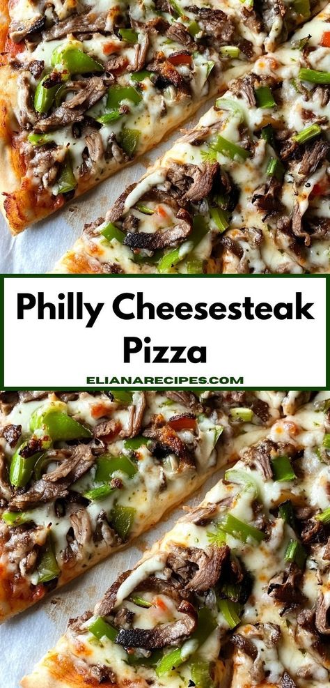 Need easy dinner recipes? This Philly Cheesesteak Pizza is perfect! A simple, cheesy dinner idea that’s great for dinner for family or a cozy dinner for two. Philly Cheesesteak Pizza, Cheesesteak Pizza, Dinner For Family, Steak Peppers, Best Philly Cheesesteak, Cheesy Dinner, Steak Pizza, Philly Cheese Steak Recipe, Cheesesteak Recipe