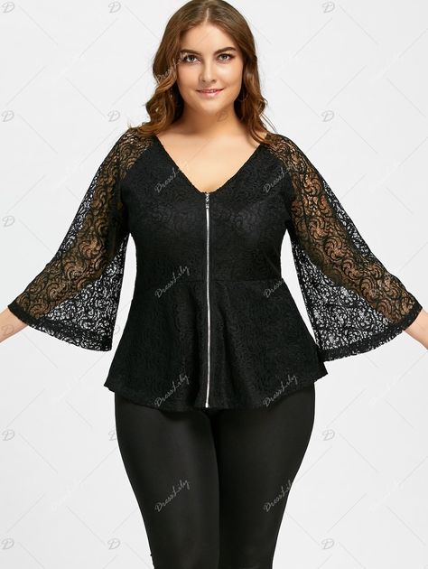 Lace Plus Size Zip Up V-neck Blouse - Blouse Dress Outfit, Kimono Blouse, Plus Size Fashion Tips, Baby Dress Patterns, Blouse Models, Lace Outfit, Lovely Tops, Work Outfits Women, V Neck Blouse