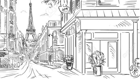 Paris Outline Drawing, Paris Street Drawing, Street Drawing Sketches, Miraculous Sketch, Paris Shopping Street, Outlines Drawing, Paris Sketch, Paris Embroidery, Town Drawing