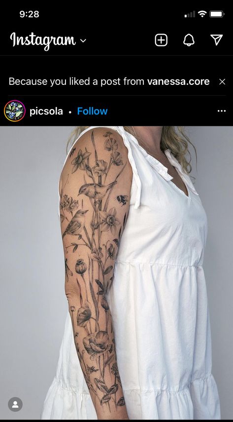 Garden Theme Sleeve Tattoo, Garden Vine Tattoo, Patchwork Sleeve With Vines, Flower Garter Tattoo, Botanical Arm Band Tattoo, Floral Sleeve With Butterflies, Woodland Arm Tattoo, Greenery Tattoo Sleeve, Woodland Leg Sleeve Tattoo