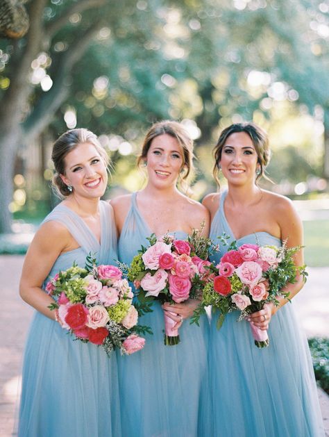 Pink Blue Bridesmaid Dresses, Blue Bridesmaid Dresses With Pink Flowers, Blue Bridesmaid Dresses Pink Flowers, Slate Blue Bridesmaid Dresses, Bridesmaid Dresses Pink, Wedding Party Bridesmaid, Colourful Flowers, Pink Bridesmaid Dresses, Wedding Theme Colors