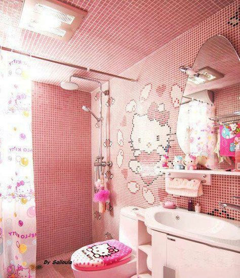 Hello kitty bathroom Hello Kitty Bathroom, Hello Kitty Games, Kids Bathroom Design, Taekwondo Wallpaper, Board House, Muebles Shabby Chic, Hello Kitty Bedroom, Kid Bathroom Decor, Hello Kitty House