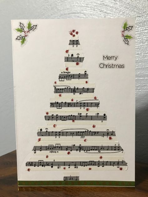 Sheet Music Christmas Cards, Music Christmas Door Decorations, Christmas Cards Made From Sheet Music, Music Themed Christmas Cards, Musical Christmas Cards, Christmas Cards With Music Paper, Christmas Card For Teacher, Music Tree, Christmas Piano