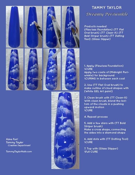 clouds cloudy periwinkle nail art designs summer nail trends inspo aesthetic fun 2000s dreamy gel polish tammy taylor Cloudy Nail Design, Cloud Nail Art Tutorial, Nails Acrylic Videos, Cloudy Nails, Step By Step Nail Art, Nails Step By Step, Periwinkle Nails, Nail Tech School, Tammy Taylor Nails