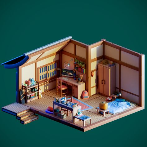 ArtStation - Diorama, Ângelo Fernandes Fake Mustache, 3d Architecture, Isometric Art, Isometric Design, Low Poly Art, Miniature Rooms, 3d Artwork, 3d Modelling, Sims House