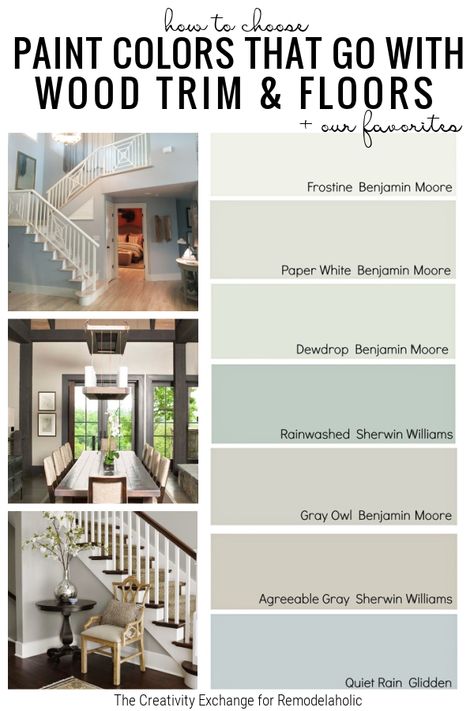 Choose the right paint color to go with your wood trim or wood floors with these simple tips (and mistakes to avoid!) from The Creativity Exchange on Remodelaholic. #Remodelaholic #paintcolortogowithwoodfloors Paint Colors For Walls With Wood Trim, Paint To Go With Wood Floors, Best Wall Color For Wood Trim, What Color Paint Goes With Dark Wood Floors, Paint Colors That Look Good With Wood, Living Room Designs With Wood Trim, What Paint Color Goes With Dark Wood Trim, Blue Paint Wood Trim, Dark Wood Floors With White Trim