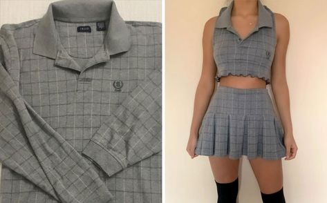 Upcycled Two Piece Set, Upcycled Polo Shirt, Polo Thrift Flip, Polo Shirt Upcycle, Dress Into Two Piece Diy, Skirt Thrift Flip, Diy Two Piece Outfit, Shirt Into Skirt, Old Clothes Diy Upcycling