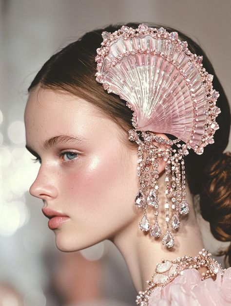 ✨ Dive into elegance with our stunning Krynolin-style hairpin! 💖 This pale pink facecloth hairpiece, reminiscent of a delicate seashell, captures the beauty of the ocean waves. 🌊 Paired with a dazzling clear crystal chain headpiece, it creates a look that sparkles with soft and piercing highlights. ✨ Perfect for a vintage-inspired fashion show, this accessory celebrates femininity with its time... Delicate Face, Chain Headpiece, Subtle Makeup, Blush On, Chic Art, Vintage Inspired Fashion, Crystal Chain, Fair Skin, Pink Pearl