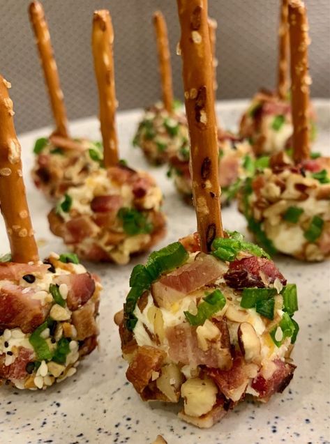 Cheddar Bacon Cheese Ball Bites  - Home MadeHome Made Bacon Cheese Ball Bites, Bacon Bites Appetizers, Cheeseball Bites Pretzel Sticks, Bacon Cheddar Cheese Ball, Cheeseball Bites, Bacon Cheeseball, Bacon Cheese Ball, Fancy Appetizer Recipes, Cheddar Cheese Ball