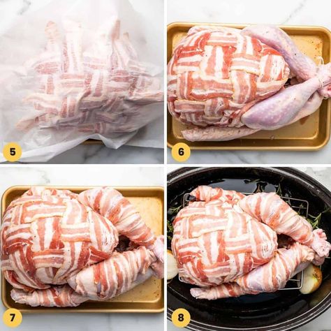 It's easy to make this gorgeous bacon wrapped turkey, and it comes out of the oven juicy and flavorful, ready for your holiday dinner. How To Cook Turkey Bacon In The Oven, Baking Turkey Bacon In The Oven, Microwave Turkey Bacon, Turkey Bacon Wrapped Asparagus, Maple Sage Bacon Wrapped Turkey Breast, Bacon Lattice, Turkey Bacon Wrap, Crockpot Mashed Potatoes, Turkey Wraps