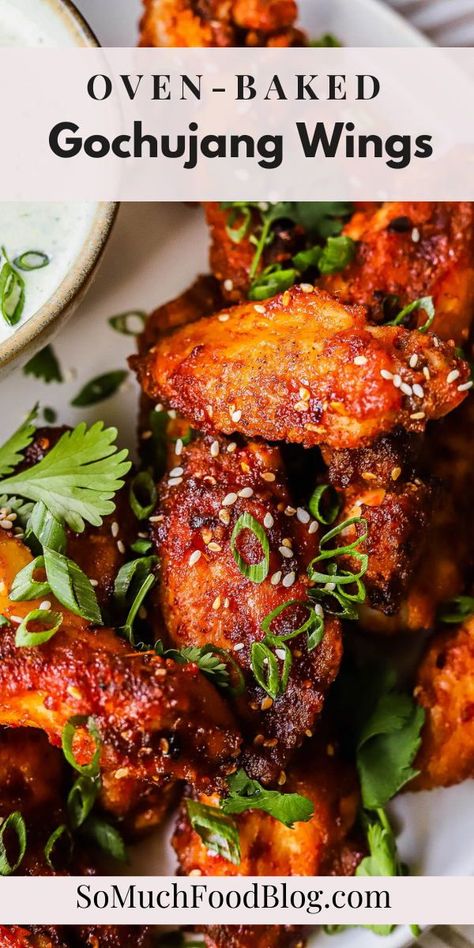 These crispy Korean wings with a gochujang glaze are oven-baked, gluten-free, and so easy to make! Spanish Mussels Recipe, Gochujang Glaze, Korean Wings, Mexican Grilled Chicken, Jalapeño Ranch, Gochujang Recipe, Easy Chicken Wing Recipes, Chicken Wing Recipe, Gochujang Chicken