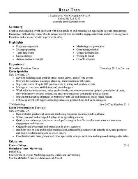 Event Planner Resume, Resume Format Examples, Resume Objective Statement, Marketing Resume, Sample Resume Templates, Sales Resume, Resume Template Examples, Event Specialist, Resume Objective