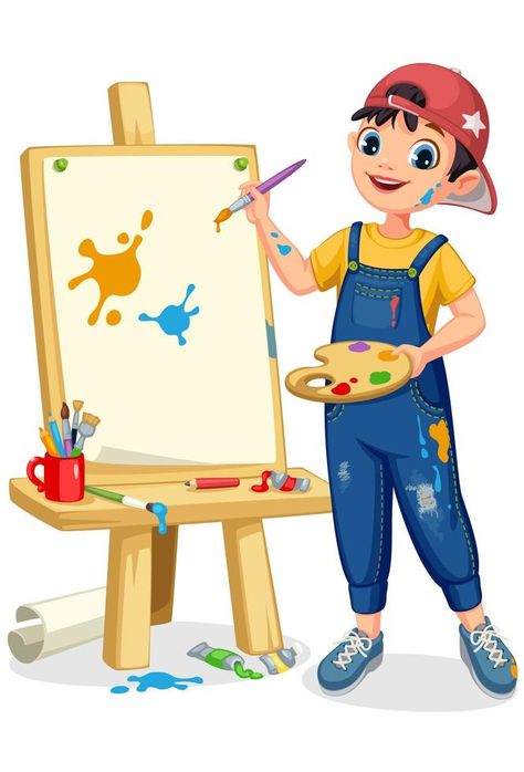 Cute artist little boy painting on canvas Artist Clipart, Drawing Pictures For Kids, Boy Painting, Artist Cartoon, Cartoon Artist, School Wall Art, Canvas Drawing, Boy Illustration, Boy Drawing