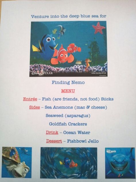 Disney Family Movie Night - Finding Nemo menu Disney Dinner And Movie Night, Movie Meals, Disney Movie Themed Dinner, Family Movie Night Themes, Disney Movie Night Menu, Theme Dinners, Nemo Movie, Themed Meals, Disney Themed Movie Night