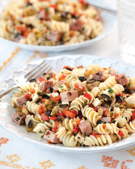 Pasta Salad Recipes Southern, Creamy Southern Pasta Salad, Muffaletta Pasta Salad, Muffaletta Pasta, Vingerete Pasta Salad, Southern Living Pasta Salad, Smoked Gouda Pasta Salad, Muffaletta Recipe, Muffaletta Sandwich