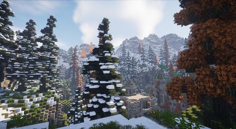 The Forest Game, Pretty Minecraft, Mc Aesthetic, Minecraft Aesthetics, Minecraft Background, Minecraft Landscape, Aesthetic Minecraft, Snowy Cabin, Minecraft Aesthetic