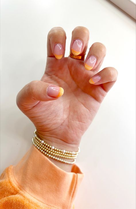 Fun orange french summer nails Cute Orange French Tip Nails, Blue And Orange French Tip Nails, Orange Double French Tip Nails, Light Orange French Tip Nails, French Manicure With Orange Tips, Orange Nail Tips French Manicures, Short Square Orange French Tips, French Summer Nails, Nyc Nails