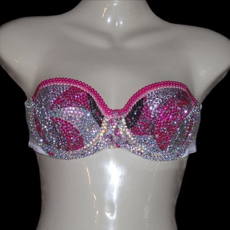 Welcome, Gorgeous Sparkly Crystal Rhinestone Bra! Made To Last Permanent Design Can Be Worn Many Times With All Different Outfits For Dancers Or Costumes! Looks Fab Underneath A Sheer Top Or Dress! Colours;Light Rose Pink Pearls Amethyst Pure Crystal Ab Iridescent Design:Mermaid Swirls To Make Colour Changes;Add To Bundle Comment Or Send A Message, Style; Standard Padded Cups If You Would Like Extra Padding Or Natural Boost (No Padding) Or Don’t See Your Size Available Please Add To Bundle To Di Bling Outfits, Iridescent Design, Crystal Mermaid, 2000s Tops, Crystal Bra, Mermaid Top, Outfit Pieces, Rhinestone Bra, Top Rosa