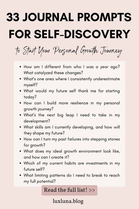 the title 33 Journal Prompts for Self-Discovery to Start Your Personal Growth Journey follow by 10 journal prompts, n a light pink background Journal Prompts For Positive Mindset, New Chapter Journal Prompts, Journal Prompts For Therapy, Self Growth Prompts, Problem Solving Journal Prompts, Thought Provoking Journal Prompts, Personal Growth Journal Prompts, Prompted Journaling, Growth Journal Ideas