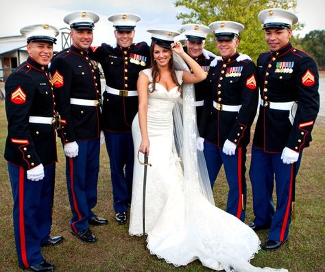 Deff want a picture of me and all the Marines at our Wedding, most of them are as close to Mike as to me like my own brothers! Usmc Wedding Ideas, Usmc Wedding, Marine Corps Wedding, Army Wedding, Marine Wedding, Marine Love, Military Photography, Military Wedding, Military Love