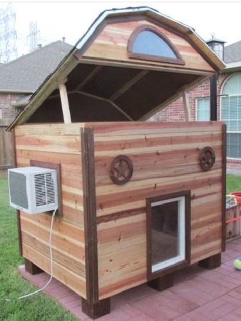 Keep your dog safe in the air conditioning during the summer. It is getting dangerously hot out there. Check out this fancy dog house... Dog House With Air Conditioner, Dog House Plans Insulated, Air Conditioned Dog House, Dog House With Ac, Double Dog House, Large Dog House Plans, Large Dog House Outdoor, Dog House Air Conditioner, Extra Large Dog House