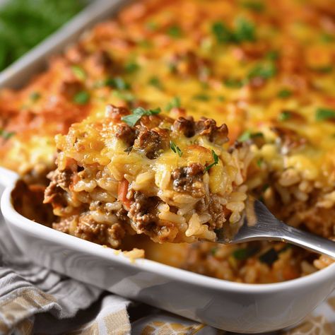 Cheesy Beef and Rice Bake - Recipes, Tasks & Tools Beef And Rice Bake, Rice Hamburger Casserole, Cheesy Beef And Rice, Beef And Rice Recipes, Parmesan Meatloaf, Rice Bake Recipes, Rice Bake, Mince Recipes, Bake Recipes