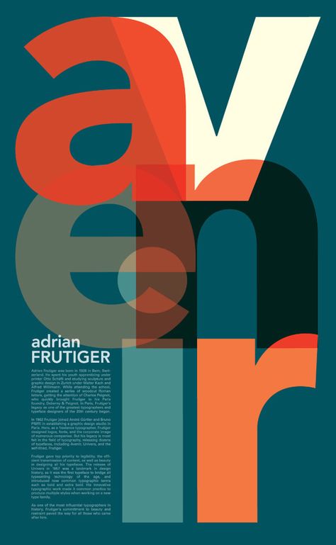 Avenir Poster by Justine Rudnicki Transparent Design Graphic, Text Arrangement Design, Avenir Font, Text Design Typography, Poster Tipografi, Adrian Frutiger, Typeface Poster, Typographic Poster Design, Joy Design