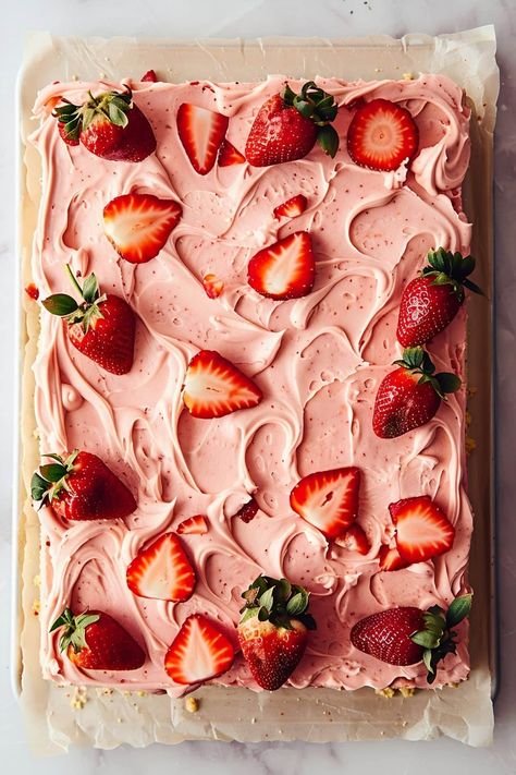 Strawberry Sheet Cake - Insanely Good Square Strawberry Cake, Strawberry Sheet Cake, Strawberry Sheet Cakes, Strawberry Cake Easy, Chocolate Strawberry Cake, Strawberry Dessert Recipes, Strawberry Frosting, Chocolate Buttercream Frosting, Leftover Cake