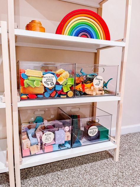 Trofast Labels, Trofast Playroom, Playroom Toy Storage, Organize A Playroom, Playroom On A Budget, Toys Organization, Playroom Seating, Playroom Shelves, Toy Labels