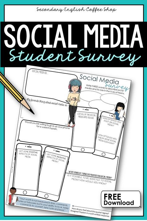 Looking for a way to engage your students? This Social Media Use Survey will get your students talking about issues around social media and teen phone use.... and it's FREE! Social Media Activities For Students, Media Classroom Ideas, Social Media Activities, Detox Social Media, Media Literacy Activities, Digital Inclusion, Social Media Pictures, Social Media Safety, Media Pictures