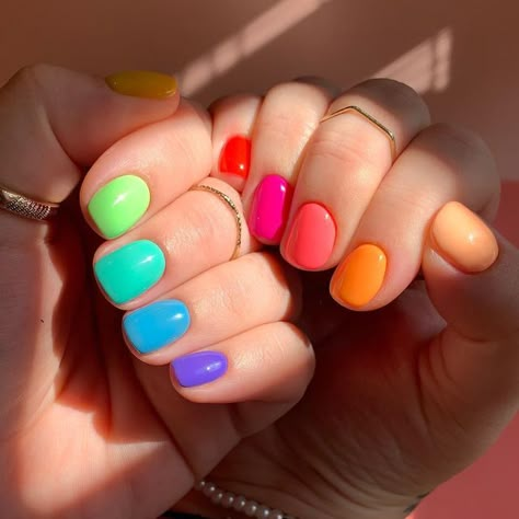 Short Nails Art Colorful, Gel Colours For Short Nails, Short Acrylic Nails Multicolor, Short Rainbow Nail Designs, Neon Rainbow Nails Short, Rainbow Colored Nails, All Nails Different Colors, Fun Solid Color Nails, Rainbow Inspired Nails