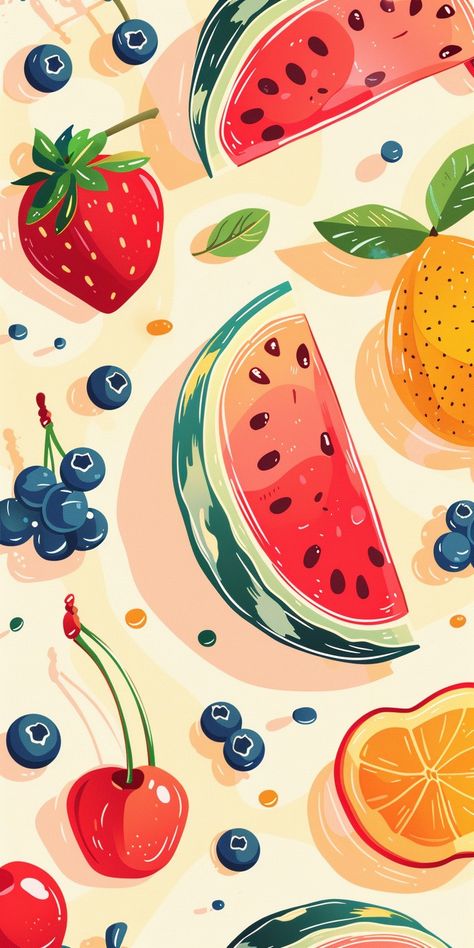 June Phone Wallpaper, Fruit Background Aesthetic, June Iphone Wallpaper, June Aesthetic Wallpaper, Colorful Desktop Wallpaper, June Wallpaper Aesthetic, Summer Time Wallpaper, Summer Fruit Wallpaper, Wallpaper Backgrounds Summer