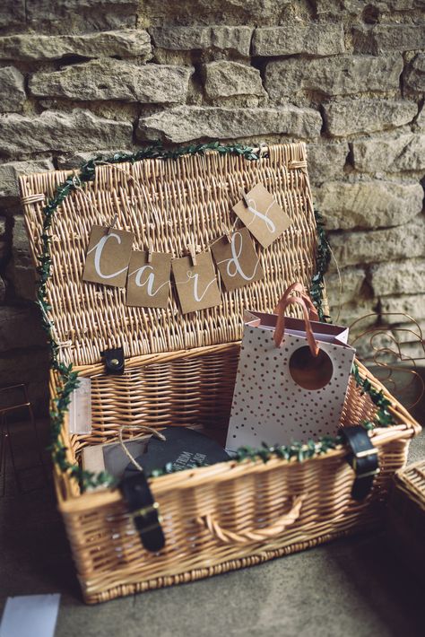 Beautiful Botanical Country Barn Wedding Filled With Greenery Cards Basket Wedding, Basket For Wedding Cards, Cards Box Wedding, Wicker Wedding Decor, Card Basket Wedding, Card Basket Ideas, Basket Wedding Decor, Wedding Card Box Ideas, Wedding Card Basket