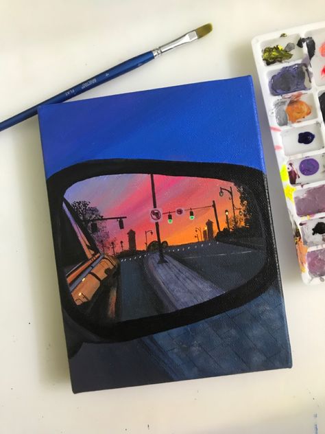 Sunset, Car mirror, pretty skies Cool Painting Aesthetic, Something To Draw On A Canvas, Car Mirror Painting Canvas, Personal Paintings Ideas, Beautiful Easy Paintings Canvas Ideas, Unique Paintings Creative Acrylic, Art Acrylic Painting Ideas Inspiration, Cool Sketch Ideas Creativity Aesthetic, Painting Ideas On A Canvas