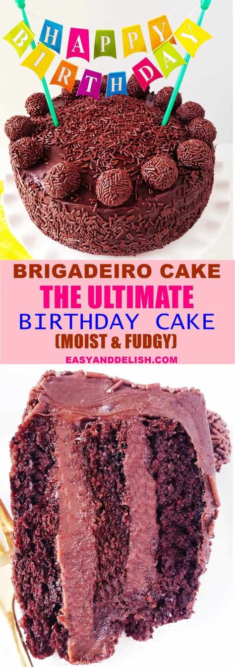 Brigadeiro cake is a traditional Brazilian birthday cake, inspired by the famous brigadeiro recipe (or chocolate fudge balls) . It consists of a 3-layer moist chocolate cake with an ooey-gooey chocolate fudgy filling and frosting that taste like the best thing you’ll ever have. You can also make it to celebrate other special occasions or simply to satisfy your cravings. Brazilian Birthday Cake, Fudge Balls, Holiday Bakes, Brigadeiro Cake, The Best Birthday Cake, Brigadeiro Recipe, Brazilian Chocolate, Bakery Style Cake, Best Birthday Cake