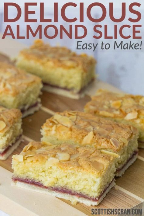 Almond Cake Recipe Easy, Sliced Almonds Recipes, Bakewell Traybake, Bakewell Slice, Scottish Scran, Almond Tarts, Bakewell Tart Recipe, Almond Slice, Almond Tart Recipe