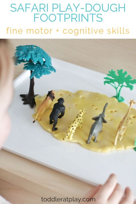 Have a fun matching activity with this Safari Play-dough Footprints idea using only play-dough and toy safari animals!   #footprintsmatch #toddleractivity #safarianimals Africa Sensory Activities, Safari Themed Science Experiments, Safari Play Ideas, Safari Themed Sensory Bin, Safari Pretend Play, Safari Science Experiments, Safari Animal Crafts Preschool, Toddler Jungle Activities, Safari Sensory Activities