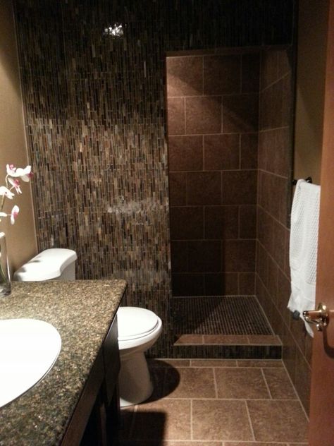 Walk in shower no more door to clean, happy wife :) Walk In Shower With Wall, Shower With Wall, Shower Layout, Shower With Bench, Bathroom Dark, Glamorous Bathroom Decor, Top Bathroom Design, Doorless Shower, Bathroom Showers