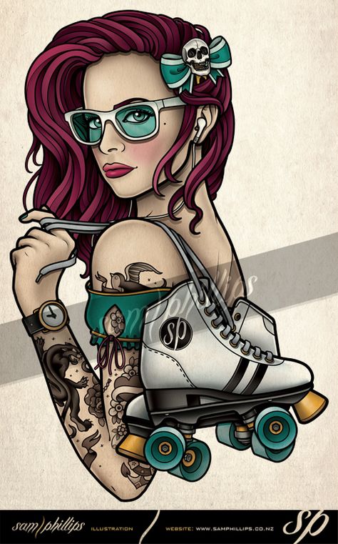 Roller Derby Tattoo, Skate Tattoo, Pin Up Girl Tattoo, Roller Derby Girls, Girl Back Tattoos, Girls With Sleeve Tattoos, Derby Girl, Pin Up Tattoos, Roller Girl