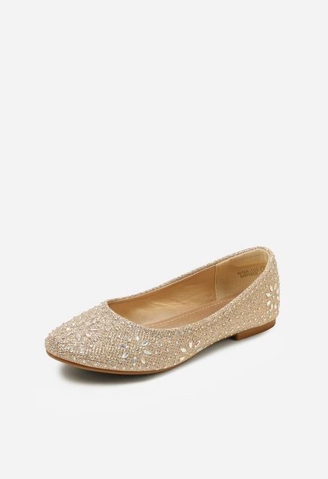 These ballet flats feature a glitter fabric upper and hinestone stud embellishments throughout, with a round toe, and cushioned insole for comfort. Sparkly Flats, Glitter Fabric, Comfort Wear, Ballerina Flats, Ballerinas, Ballet Flats, Embellishments, Champagne, Ballet