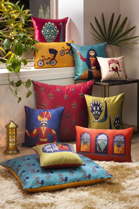 Retro, India-inspired cushion collections to delight the eyes and add a vivacious splash of fun and personality. Traditional Indian Houses, Traditional Pillow Covers, Handpainted Tote, Indian Houses, Fancy Cushions, Indian Interior Design, Minimalist Pillows, Traditional Cushions, Traditional Textiles